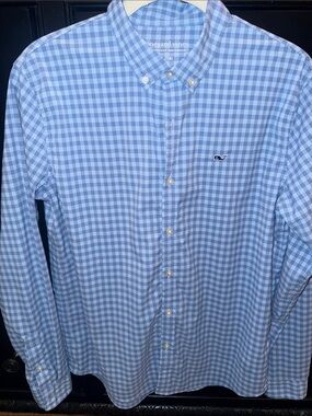Vineyard Vines Light Blue Gingham Button-Down Shirt. Featherweight performance